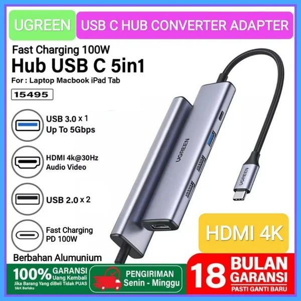 UGREEN USB-C Hub 5-in-1 HDMI 4K USB3.0 PD100W, Solusi Multifungsi